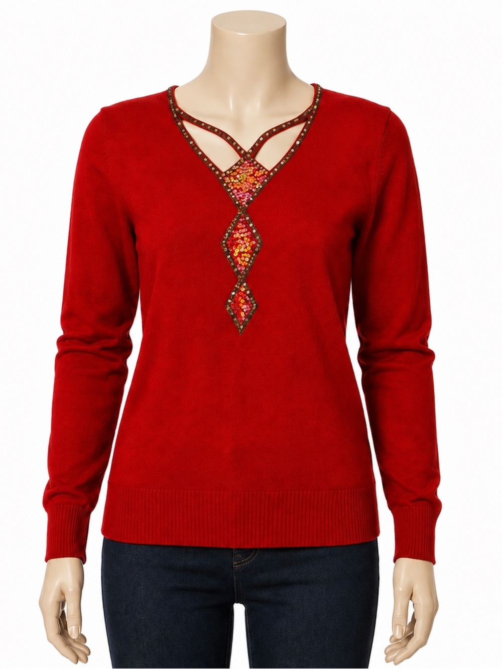BobMackie Wearable Art XS Red Sequin Beaded V-Neck Sweater | Holiday Y2K Grandma